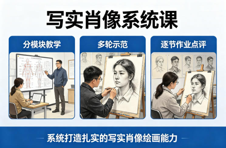 写实肖像系统课,全程分模块教学+多轮示范+逐节作业点评,系统打造扎实的写实肖像绘画能力